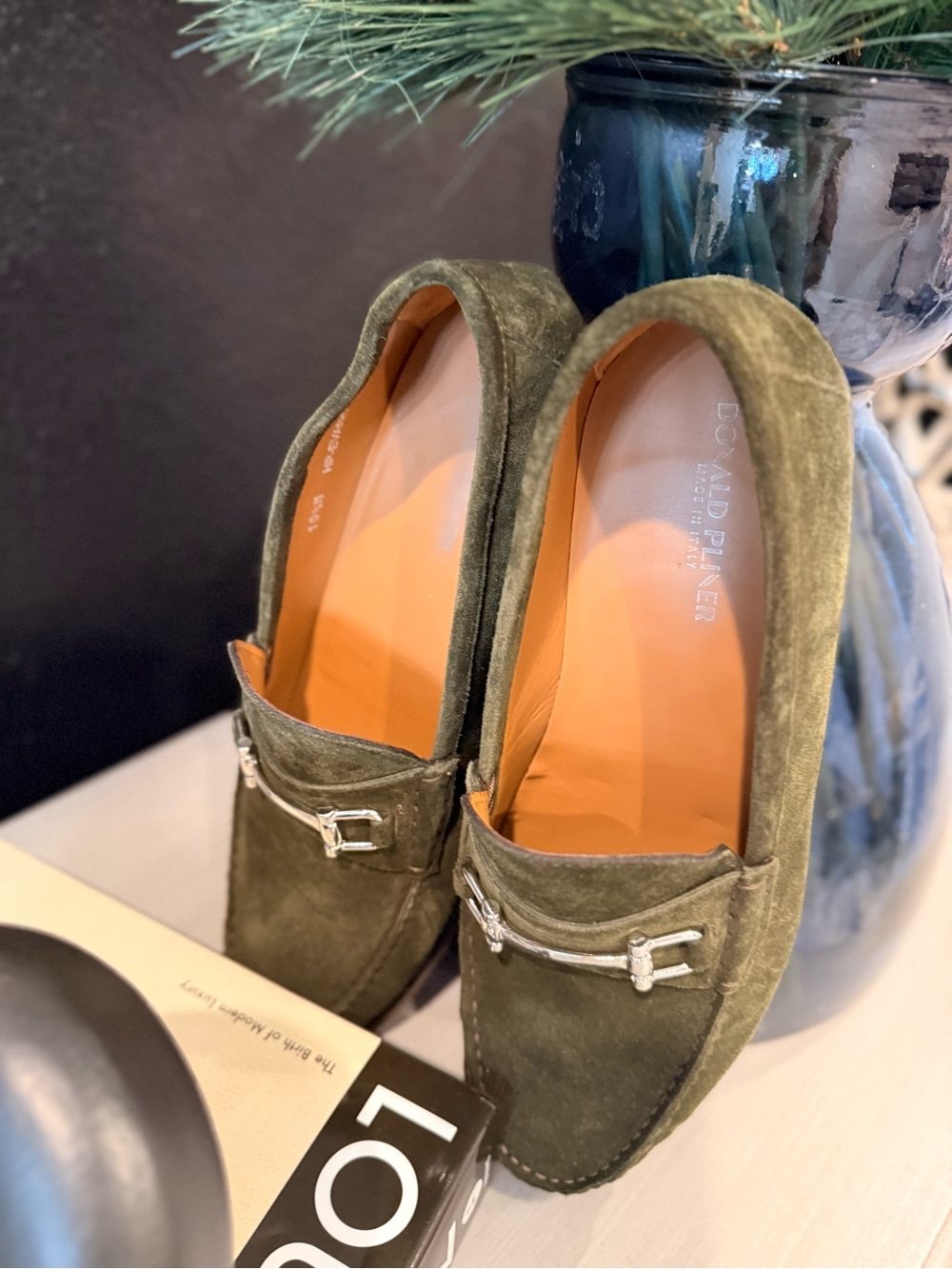 Donald J. Pliner Olive Suede Loafers with Silver Bit - Picture 2 of 3